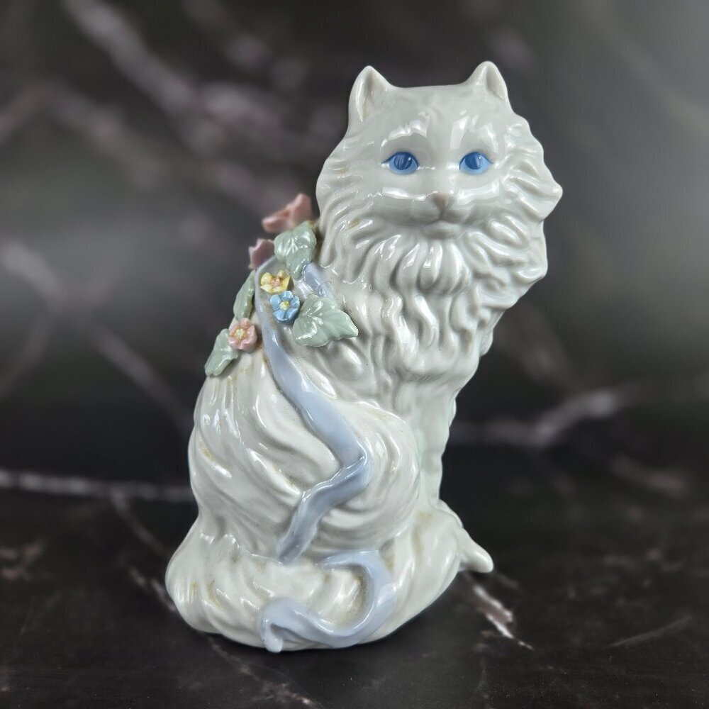 Vintage Porcelain White Cat Figurine Blue Eyes Flowers and Ribbon 1950's